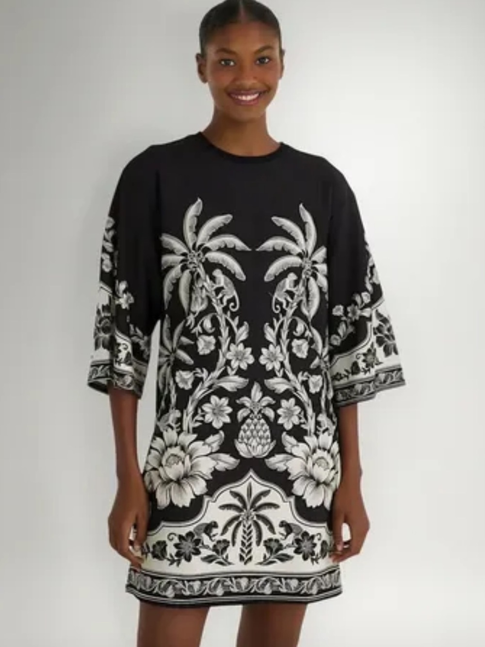 FARM Rio Black and White Tropical Motif Tunic Dress 100% Cotton, Size Large